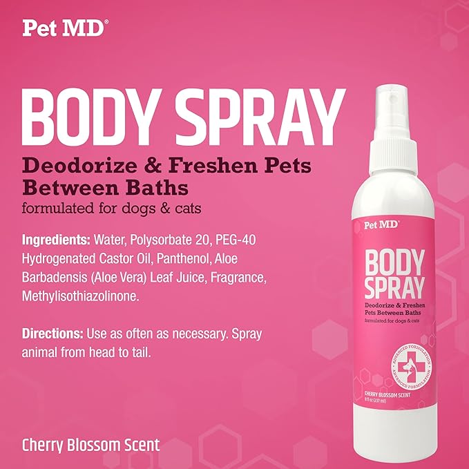 Pet MD Body Spray for Dogs & Cats, Deodorizing Dog Perfume Reduces Static & Eliminates Odor - Long-Lasting Pet Cologne Spray for Dogs - Cherry Blossom