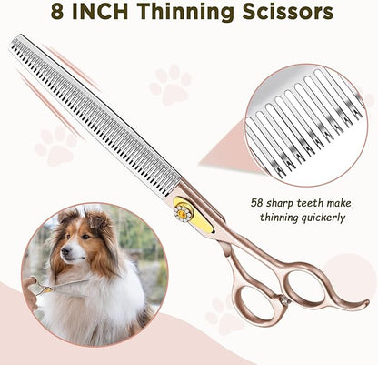 Gimars 8 Inch Professional 440C Stainless Steel Dog Grooming Scissors Heavy Duty 6 In 1 - Straight, Thinning, Chunker, Curved Shears and Comb, Ergonomic Pet Grooming Scissor for Dogs, Cats