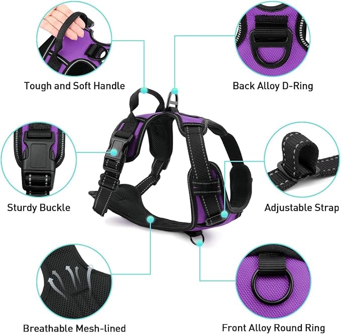 Joytale No Pull Dog Harness for Extra Large Dogs, Reflective Pet Vest with Front Clip, Adjustable Soft Padded Harnesses with Easy Control Handle for Training and Walking, Purple, XL