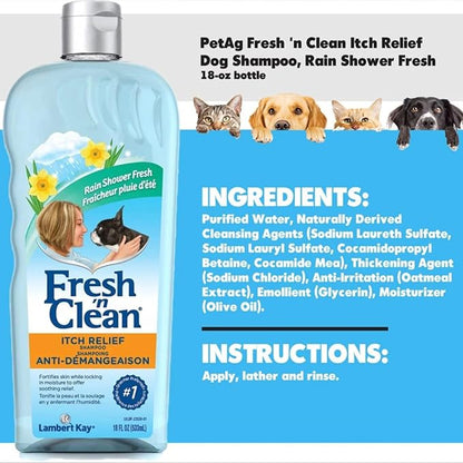 PetAg Fresh 'n Clean Itch Relief Shampoo - Rain Shower Fresh Scent Dog Shampoo - Instant Relief for Dry & Irritated Skin - 18 fl oz