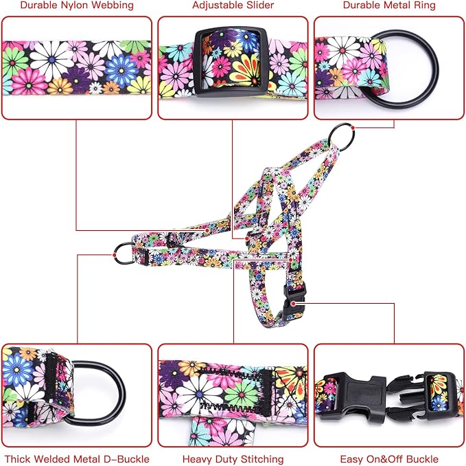 No Pull Dog Harness for Small, Medium, and Large Pets - Floral Pattern Nylon Safety Training Dog Harness (L, Hornflower)