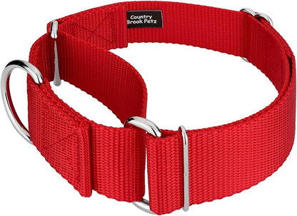 Country Brook Petz 1 1/2 Inch Martingale Heavy Duty Nylon Adjustable Dog Collar for Small, Medium, Large Breeds - Vibrant 17 Color Selection (Red, Large)