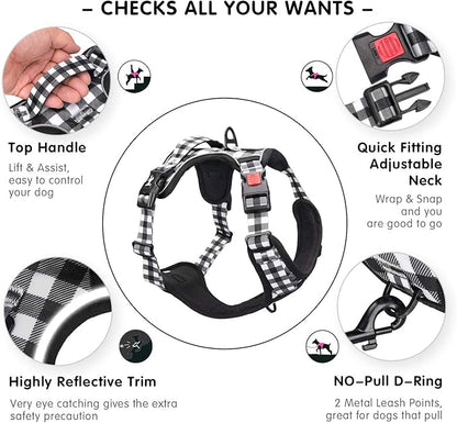 PoyPet No Pull Dog Harness, [Neck Release] Reflective Adjustable No Choke Pet Vest with Front & Back 2 Leash Attachments, Soft Control Training Handle for Small Dogs(Grid,XL)