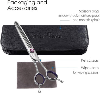 Fenice Peak 7'' Thinning Dog Grooming Scissors with Purple Finger Rings and Flashing Screw Professional 440C Stainless Steel Natural Color Pet Thinning Shears with Offset Handle Durable and Sharp