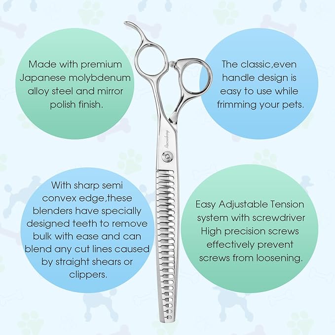 Dog Cat Scissors for Grooming, Pet Shears for Thick Coats and Matted Hair, Thinner Curved Straight Chunker Stainless Steel Shears