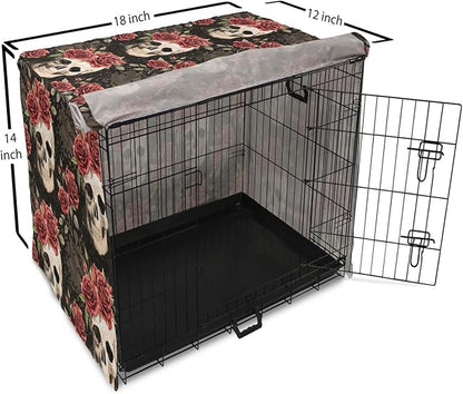 Lunarable Halloween Dog Crate Cover, Mexican Sugar Skull Rose Bouquets Spooky Traditional Humour Culture, Easy to Use Pet Kennel Cover for Small Dogs Puppies Kittens, 18 Inch, Black Grey