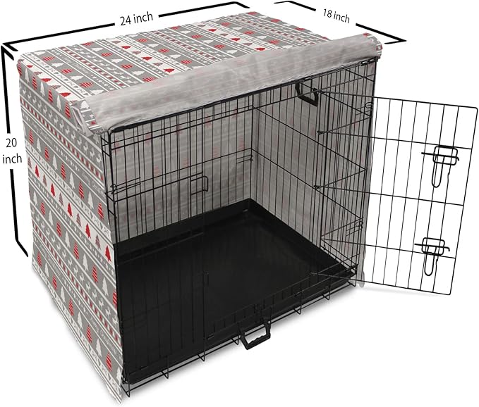 Ambesonne Christmas Dog Crate Cover, Xmas Border Deers Trees and Merry Christmas Lettering Bows Bells Image, Easy to Use Pet Kennel Cover for Cats & Medium Dogs, 24 Inch, Grey White and Red