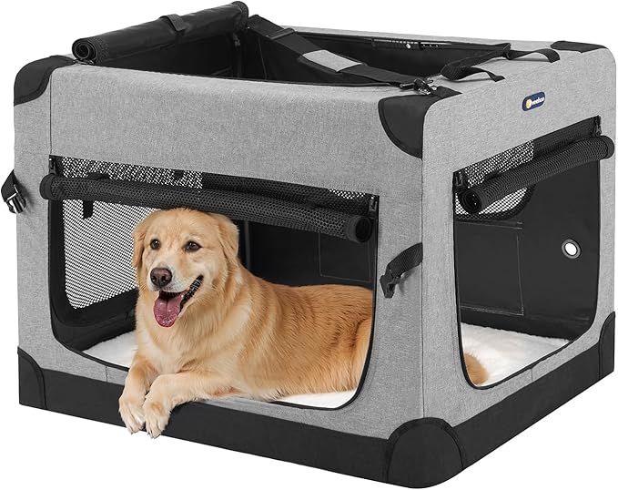 Veehoo 36 inch Folding Soft Dog Crate, 4-Door Portable Collapsible Pet Kennel Travel Dog Crate for Large Dogs, 5 x Durable Mesh Screen, 600D Oxford Fabric, Indoor & Outdoor Use, Grey, CWB2428CP