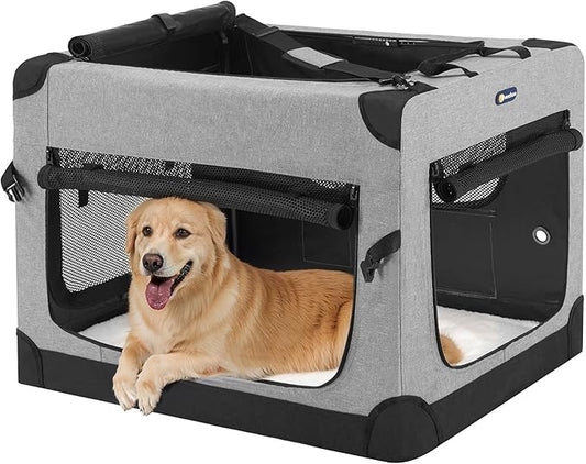 Veehoo 36 inch Folding Soft Dog Crate, 4-Door Portable Collapsible Pet Kennel Travel Dog Crate for Large Dogs, 5 x Durable Mesh Screen, 600D Oxford Fabric, Indoor & Outdoor Use, Grey, CWB2428CP