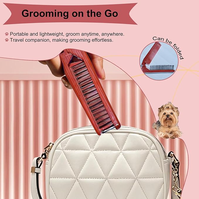 Folding Small Dog Grooming Brush - Perfect for Shih Tzus, Yorkies, and Maltipoos - Ideal Puppy Hair Brushes for Maltese and Small Breeds (Red)