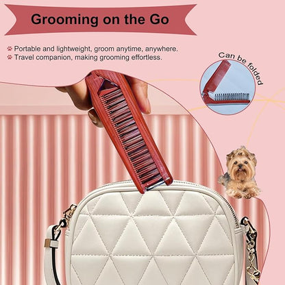 Folding Small Dog Grooming Brush - Perfect for Shih Tzus, Yorkies, and Maltipoos - Ideal Puppy Hair Brushes for Maltese and Small Breeds (Red)