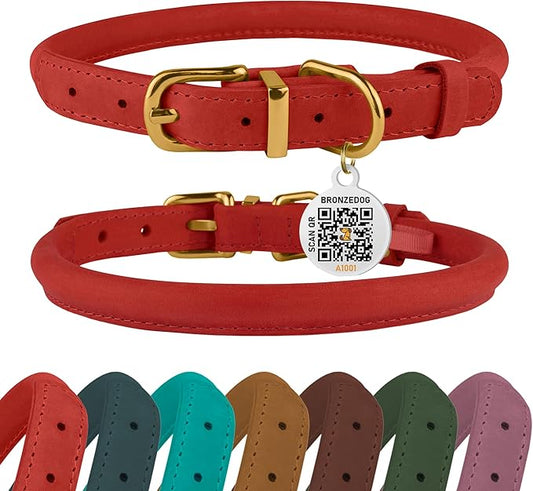 BRONZEDOG Rolled Leather Dog Collar with QR ID Tag Adjustable Soft Round Collars for Small Medium Large Dogs Puppy Cat (11" - 14 1/2" Neck Size, Classic Red)