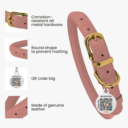 BRONZEDOG Rolled Leather Dog Collar with QR ID Tag Adjustable Soft Round Collars for Small Medium Large Dogs Puppy Cat (9" - 11" Neck Size, Blush)