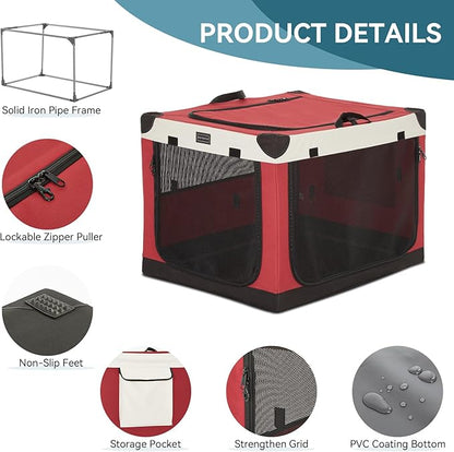 PETSFIT Soft Sided Dog Crate, with Patented Adjustable Fabric Cover, Chewproof & Lockable Mesh Doors, Waterproof Base Collapsible Kennel Red 30 Inch