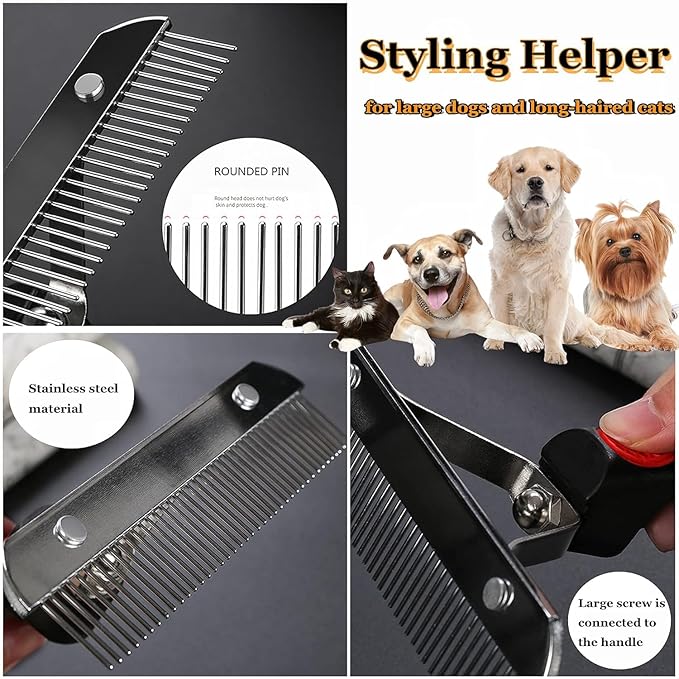 Undercoat Rake for Dogs, 2 Pack Grooming Kit Long Tooth Undercoat Rake + Stainless Steel Dog Comb, Deshedding Tool Set for Husky Long-haired Cats