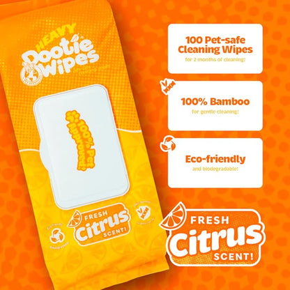 HEAVY Dootie Wipes - Convenient Durable Dog Wipes for Paws, Butt with Very Mild Pleasant Citrus Scent, 100 Count - Puppy Essentials Pet wipes, Dog Wipes Cleaning and Deodorizing. Made with Bamboo.