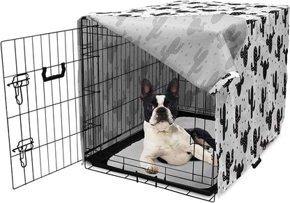 Ambesonne Cactus Dog Crate Cover, Monochrome Saguaro Succulent Botanical Continuous Pattern Plain Background, Easy to Use Pet Kennel Cover for Small Dogs Puppies Kittens, 22 Inch, Charcoal Grey