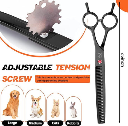 JASON 7.5" Dog Grooming Scissor - Professional Thinning Shear with 37 Teeth Japanese Stainless Steel Blender Scissors for Dogs, Cats and Other Pets (Thinning, Black)