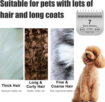 7 Skip Tooth Detachable Pet Dog Grooming Steel Blades,Compatible with Andis,Oster A5,Wahl KM10 Series Clippers,Cut Length 1/8-Inch (3.2mm) ，2 Pack