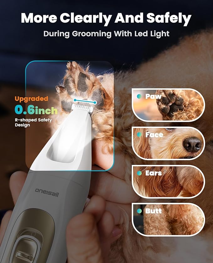 oneisall Quiet Dog Clippers for Grooming, LED Light Dog Paw Trimmer Nail Grinder, Rechargeable 2000mAh Pet Grooming Kit, Cordless Pet Clippers for Paw, Nail, Body