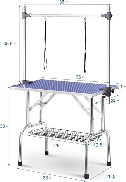 36" Dog Grooming Table, Folding Pet Grooming Table With Arm & Nosse & Mesh Tray For Bathing, Trimming, Drying, Grooming, Maximum Capacity Up To 330 Lbs
