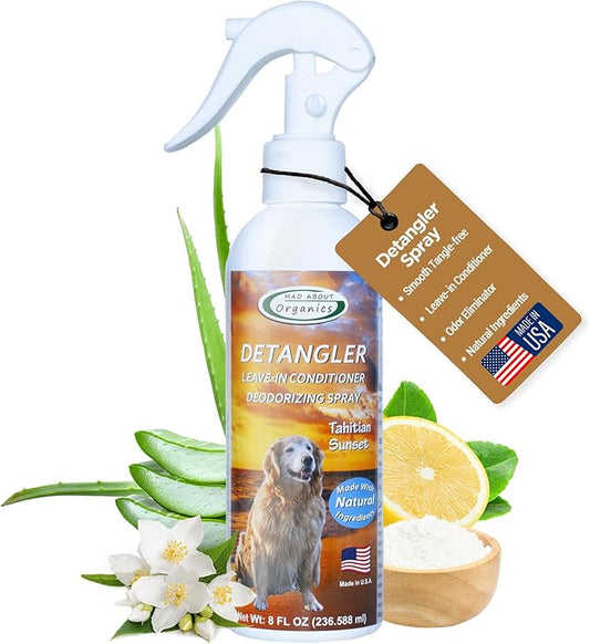 Detangler Spray - Tahitian Sunset Scent - Deodorizing Spray for Dogs and Horses, Leave-In Conditioner, Gently Releases Tangles, Softens Coats, Freshens Scent | Made in the USA | 8oz