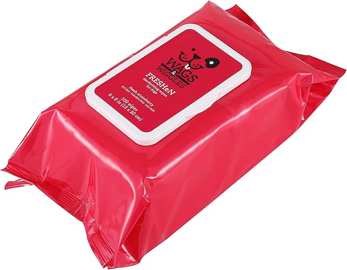 Wags & Wiggles Freshen Deodorizing Wipes for Dogs | Eliminate Odors from Your Dog's Coat | Fresh Strawberries, 100 Count | Easy and Convenient Way to Freshen Your Pet Without A Bath
