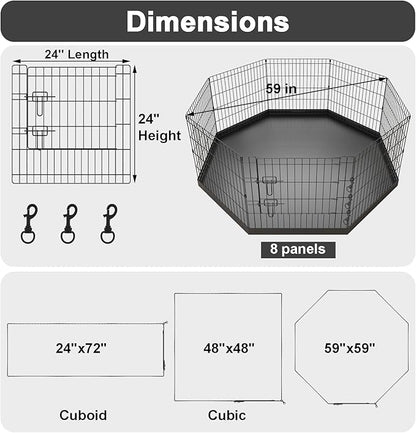 Artmeer Pet Playpen Puppy Playpen Kennels Dog Fence Exercise Pen Gate Fence Foldable Dog Crate 8 Panels 24 Inch for Pet Animals Outdoor Indoor with Bottom Pad (Black with Bottom pad)