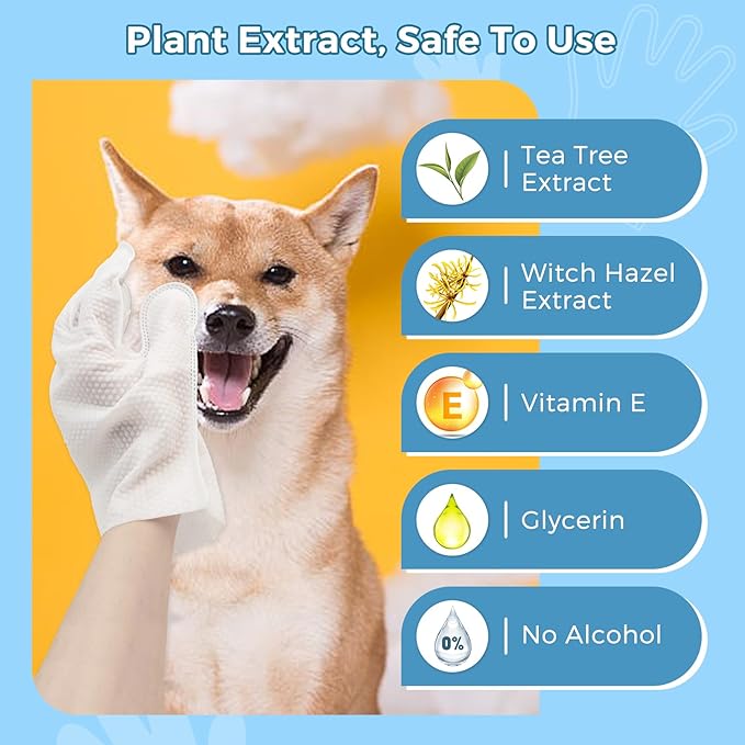 Vannon Extra Thick Pet Bathing Wipes for Dogs & Cats, Cleaning & Odor-Controlling Grooming Gloves, Nourish Fur Glove Wipes for Daily Care and Traveling, Rinse Free, Unscented, 4 Pack, 24 PCS