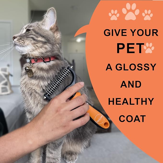 Pret & Lively 2 in 1 Pet Hair Dematting Tool Tough Mats and Tangles Undercoat Rake Comb Dogs Cats Rabbits Hairy Pets Holiday Gift Professional Grooming Brush For Deshedding Extra Wide (Orange)