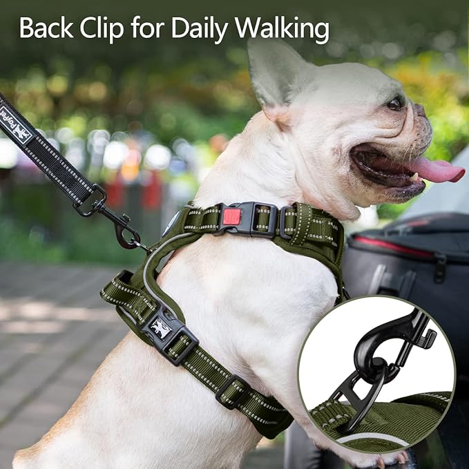 PoyPet No Pull Dog Harness, No Choke Reflective Dog Vest, Adjustable Pet Harnesses with 2 Leash Attachments with Easy Control Padded Handle for Small Medium Large Dogs(Military Green,XL)