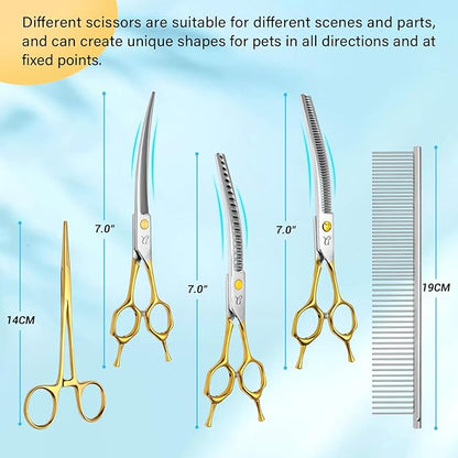Dog Grooming Scissors,Curved Thinning Shears Dog Grooming with Safety Round Tips, Sharp and Comfortable 4 in 1 Dog Scissors for Grooming