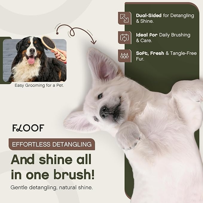 Floof Double-Sided Pet Brush,Metallic Pins & Vegan Boar Bristles for Long & Short Haired Dogs and Cats | Premium Wooden Handle for Comfort | Eco-Friendly Deshedding,Gentle Detangling,& Easy to Clean