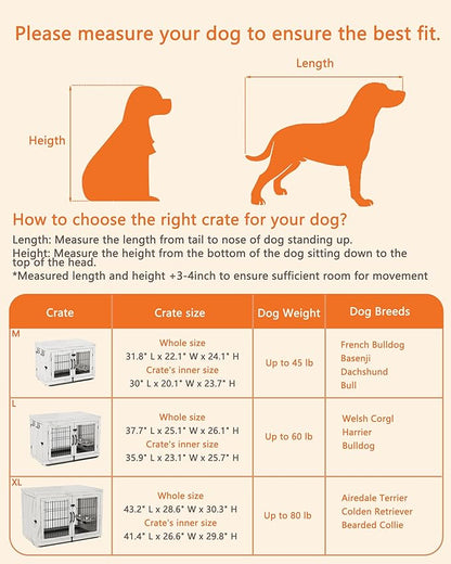 Piskyet Wooden Dog Crate Furniture with 360°Rotatable Removable Dog Bowls, Dog Crate End Table with Tray, Double Doors Dog Kennels for Dogs(M:31.8" L*22.1" W*24.1" H,Marble White)