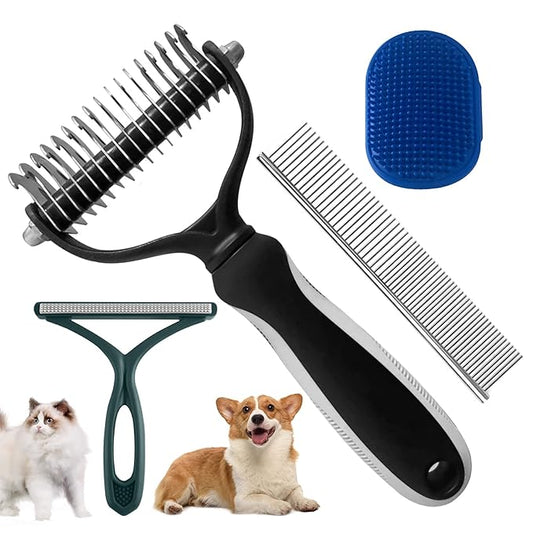 Pet Dematting Tool - Double-Sided Undercoat Rake for Dogs & Cats - Shedding Comb and Dematting Tool for Grooming