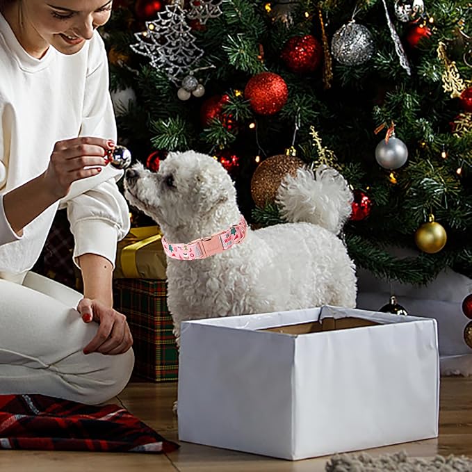 Christmas Dog Collars for Large Dog,Pink Dog Collar with Safety Metal Buckle Adjustable Puppy Collars for Small Medium Dog,Boy&Girl&Male&Female Dog Gift,L-16-24"