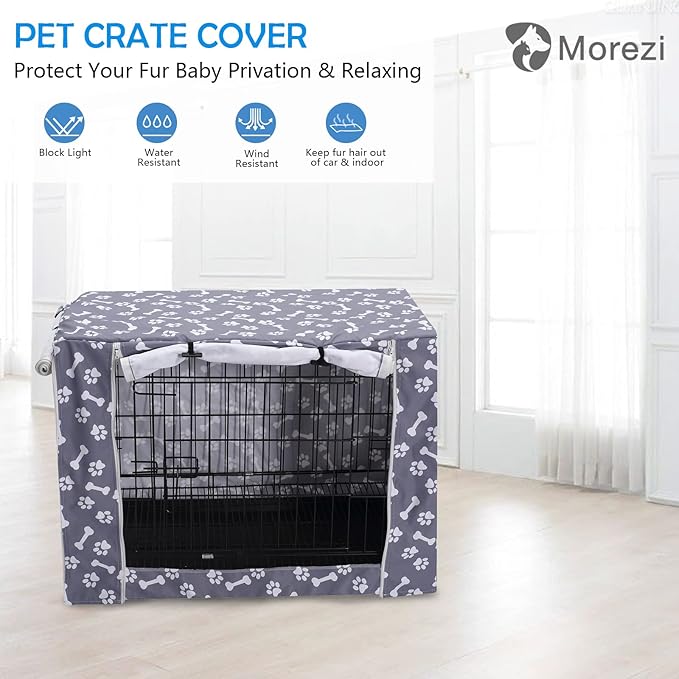 Dog Crate Cover Kennel Dogs Covers fits Small Medium Large crates cage Heavy Nylon Waterproof soundproof Indoor Outdoor - Cover only - Grey Bone paw - 30 inch