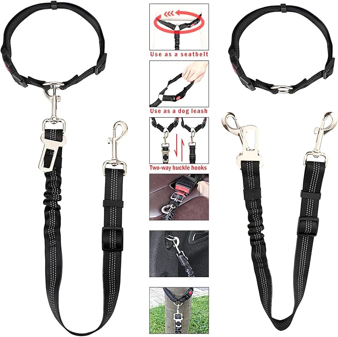 Dog Seat Belt,5-in-1 Multi-Functional Headrest Dog Seat Belt,Dog Car Seatbelt Headrest Restraint Adjustable,Elastic Bungee Dog Vehicle Seatbelt Harness,Pet Dog Seat Belt with Clip Hook & Buckle
