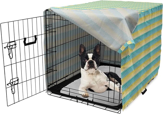 Lunarable Yellow and Blue Dog Crate Cover, Horizontal Chevron Motifs Zigzag Lines Pattern Ombre Inspired Design, Easy to Use Pet Kennel Cover for Small Dogs Puppies Kittens, 22 Inch, Aqua Mustard
