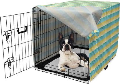 Lunarable Yellow and Blue Dog Crate Cover, Horizontal Chevron Motifs Zigzag Lines Pattern Ombre Inspired Design, Easy to Use Pet Kennel Cover for Small Dogs Puppies Kittens, 22 Inch, Aqua Mustard