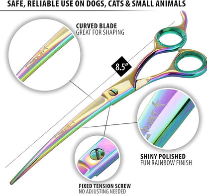 Sharf Rainbow 8.5 Inch Curved Dog Grooming Scissors - Trusted Brand - Premium Steel Professional Dog Grooming Scissors - Ergonomic Design
