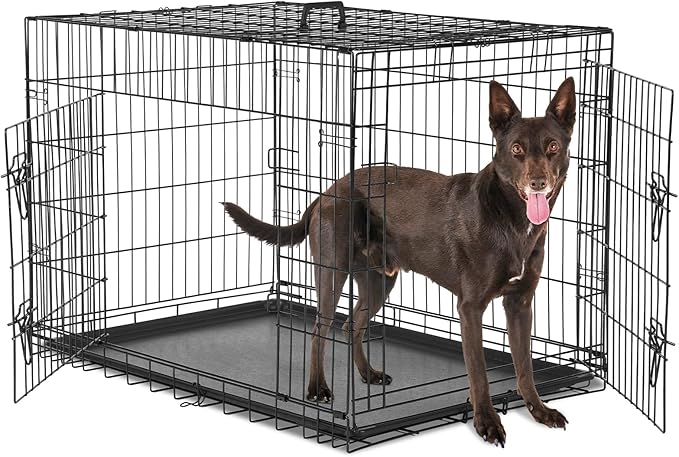 Sweetcrispy Large Dog Crate with Divider Panel, 36 Inch Double Door Folding Metal Wire Dog Cage with Plastic Leak-Proof Pan Tray, Pet Kennel for Indoor, Outdoor, Travel, 36S