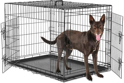 Sweetcrispy Large Dog Crate with Divider Panel, 36 Inch Double Door Folding Metal Wire Dog Cage with Plastic Leak-Proof Pan Tray, Pet Kennel for Indoor, Outdoor, Travel, 36S