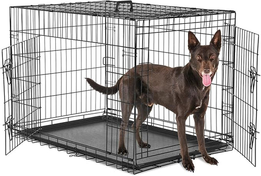 Sweetcrispy Large Dog Crate with Divider Panel, 36 Inch Double Door Folding Metal Wire Dog Cage with Plastic Leak-Proof Pan Tray, Pet Kennel for Indoor, Outdoor, Travel, 36S