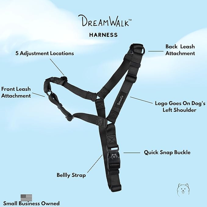 ShawnCo Dream Walk No-Pull Dog Harness- Adjustable, Comfortable, Easy to Use Pet Halter to Help Stop Pulling for Small, Medium and Large Dogs (Midnight, M)