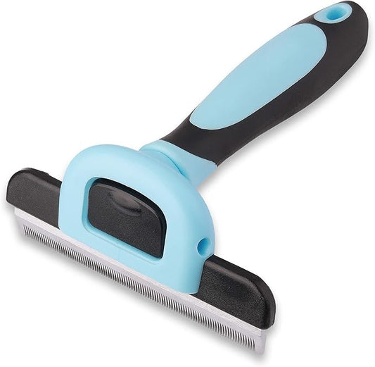 Pets First Professional Pet Brush - Grooming & Deshedding Tool for Cats & Dogs - Reduces Shedding, Dead Hair, Tangles - Detachable Stainless Steel Comb for Easy Cleaning - Soft Anti-Slip Handle,Blue
