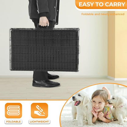 PayLessHere Large Dog Crate Kennel for Medium Large Dogs 24 inches Metal Dog Cage Double-Door Folding Travel Indoor Outdoor Puppy Playpen with Divider and Handle Plastic Tray,Black