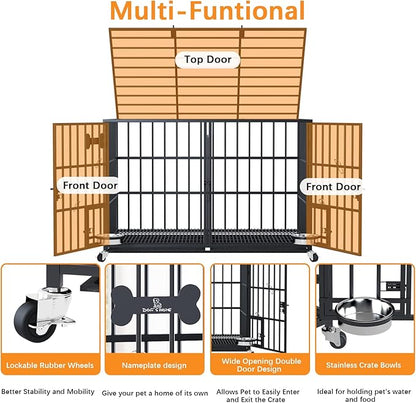 Dosker 48/42 inch XL Dog Crate for Large Dog/Double Medium Dogs,Heavy Duty Metal Dog Cages,All Metal Open Top Stackable,Dog Kennel Indoor with Wheels,Floor Grid, Tray, Divider and Feeding Bowl
