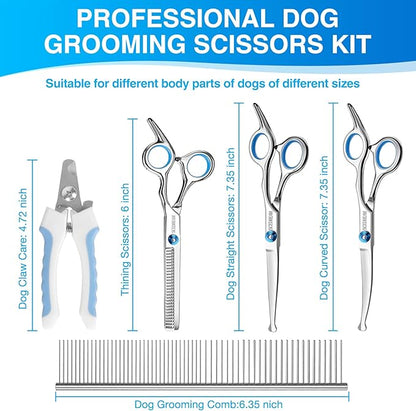 Professional Dog Grooming Scissors with Safety Round Tips, 5 in 1 Dog Grooming Scissors Kit, 4CR Stainless Steel Professional Pet Grooming Shears for Dogs/Cats, Sharp and Durable, Blue