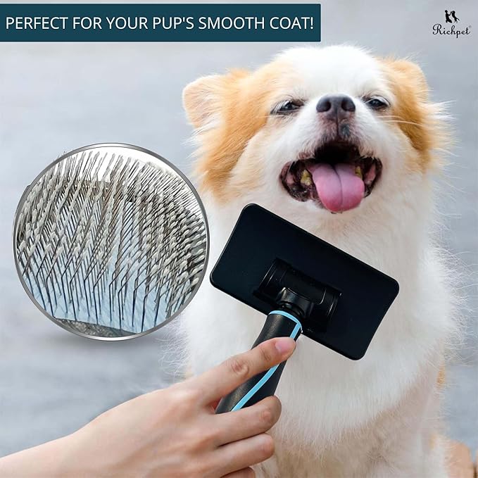 Pet Slicker Brush (Medium Size, Black) for Grooming Pet Hair with Fluff Detangle Style – Dog Brush for Long & Short Haired Dogs for Goldendoodles – Curved Pin for – Removes Tangles & Loose Fur